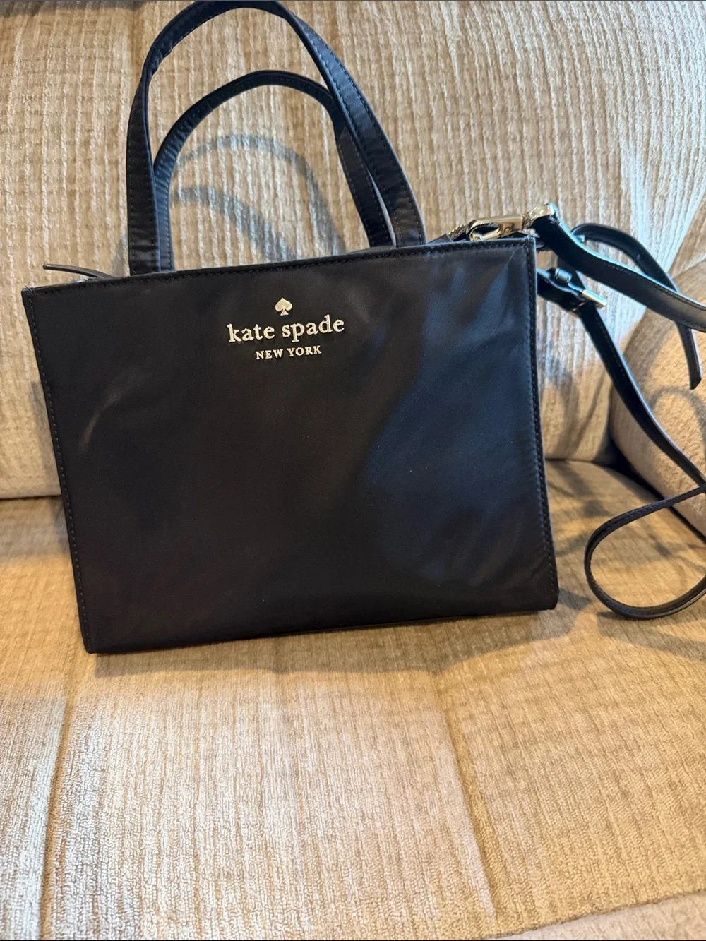 kate spade Black Nylon double handle Crossbody Tote with Gold Logo 8 x 10